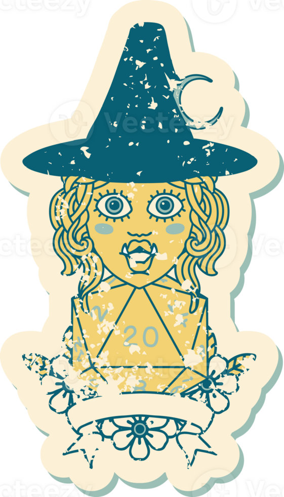 Retro Tattoo Style half orc witch character with natural 20 dice roll png