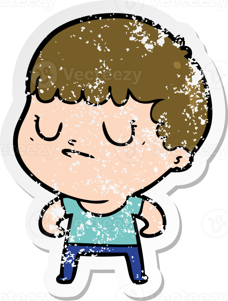 distressed sticker of a cartoon grumpy boy png