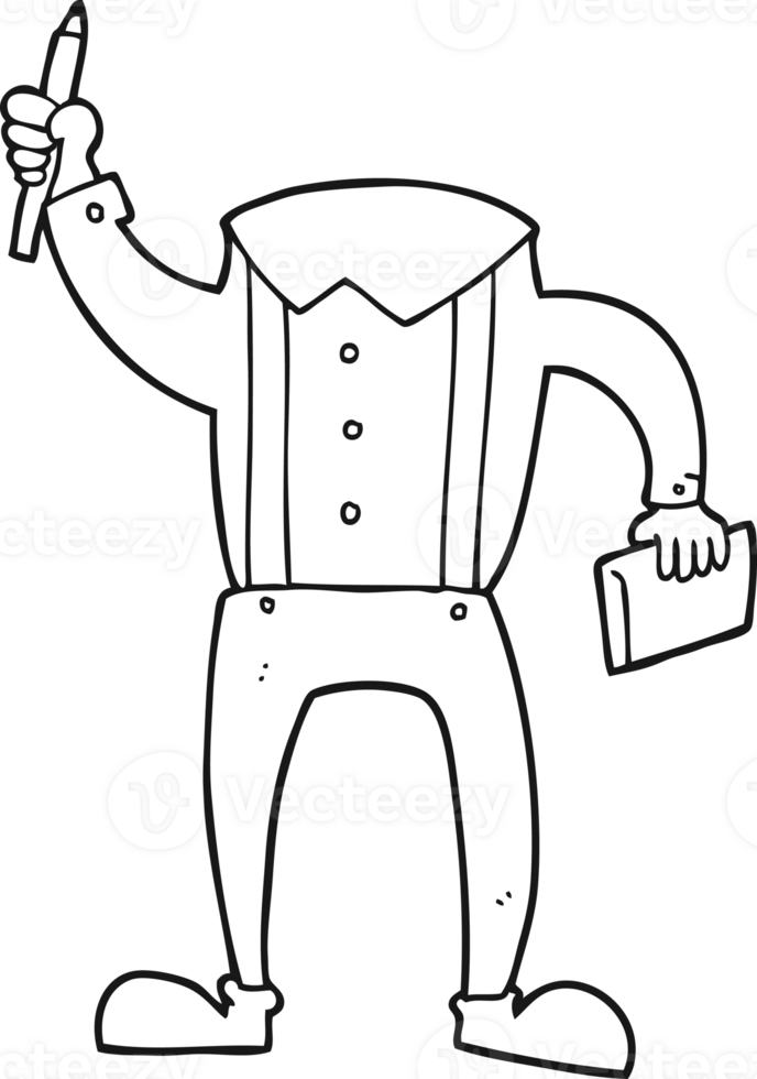 hand drawn black and white cartoon headless body with notepad and pen add own photos png