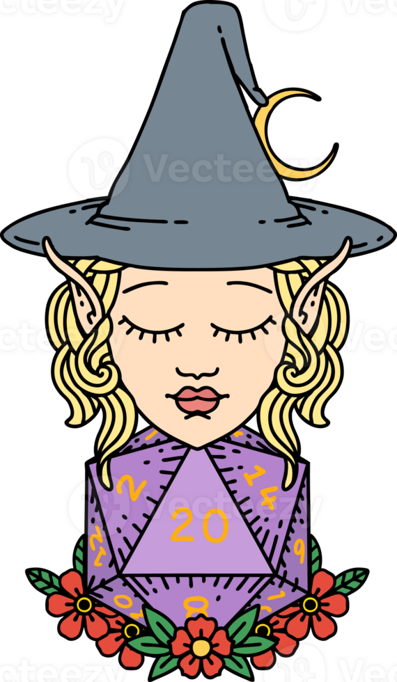 Retro Tattoo Style elf mage character with natural twenty dice roll png