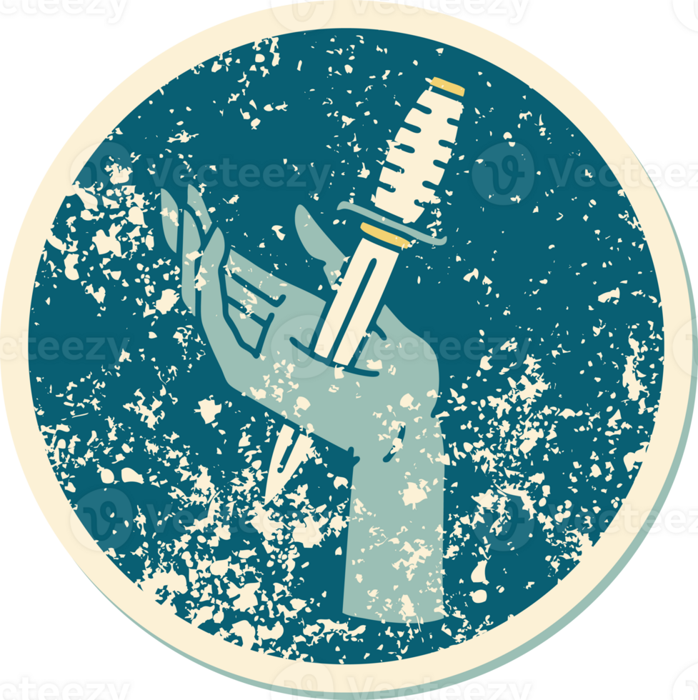 iconic distressed sticker tattoo style image of a dagger in the hand png