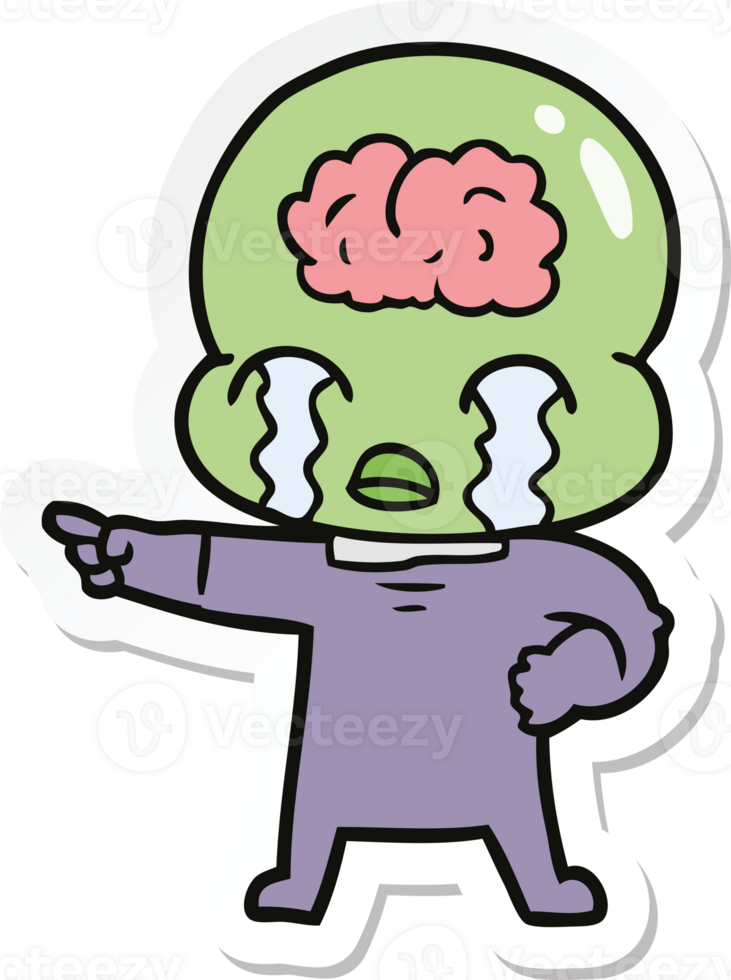 sticker of a cartoon big brain alien crying and pointing png