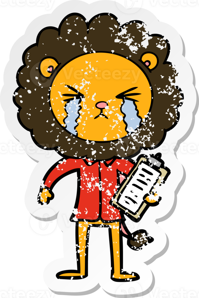 distressed sticker of a cartoon crying lion with clipboard png