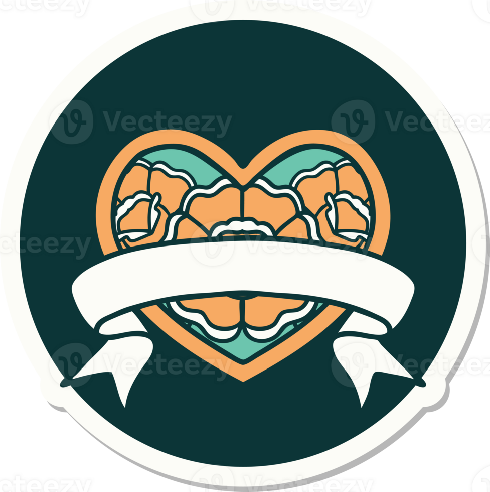 sticker of tattoo in traditional style of a heart and banner with flowers png