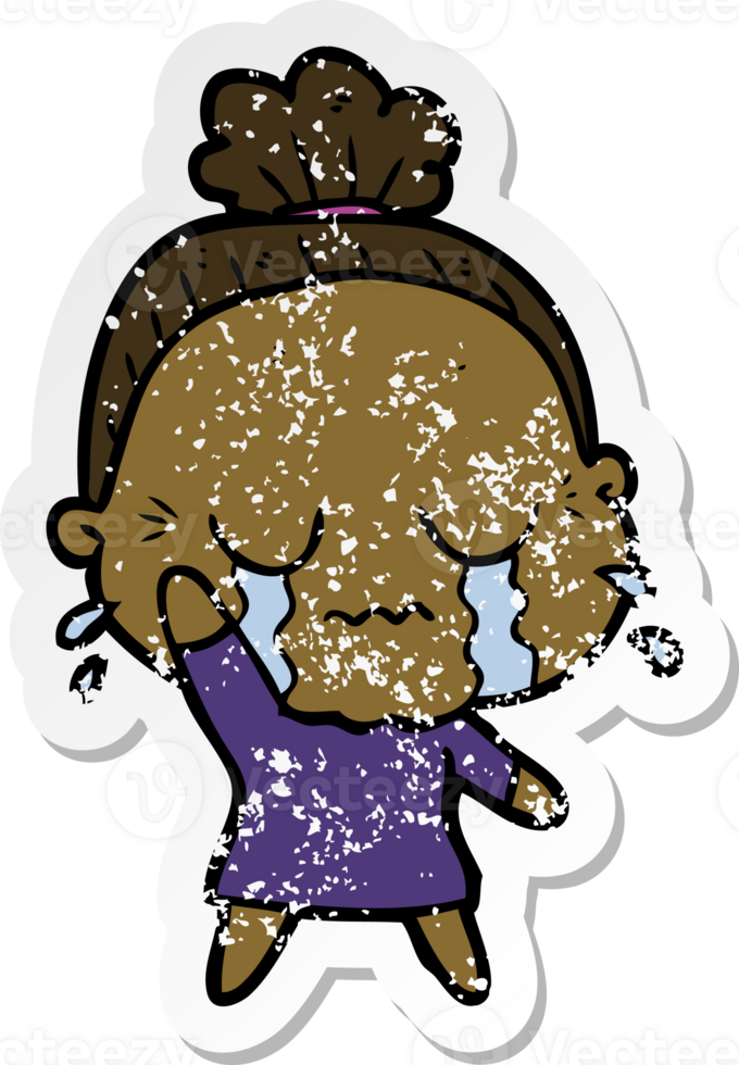 distressed sticker of a cartoon crying old lady png