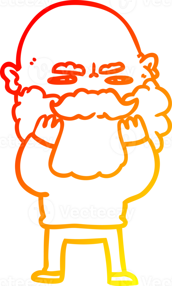 warm gradient line drawing of a cartoon man with beard frowning checking his beard png