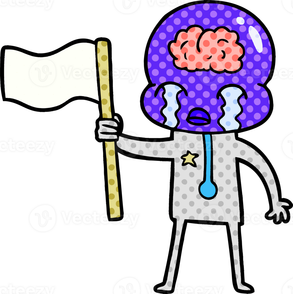 cartoon crying big brain alien waving a flag png