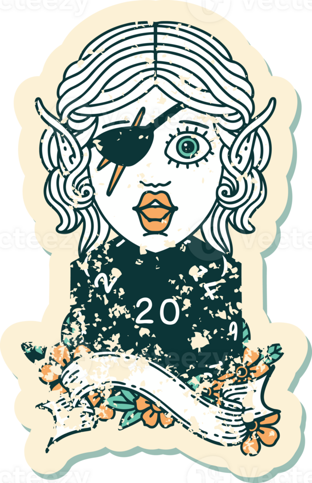Retro Tattoo Style elf rogue with natural twenty dice roll png