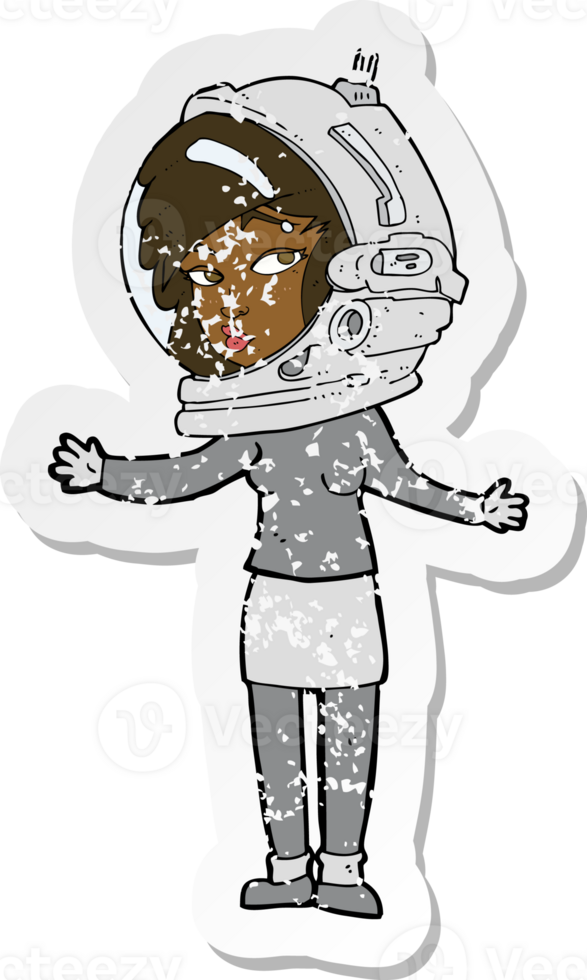 retro distressed sticker of a cartoon woman wearing astronaut helmet png