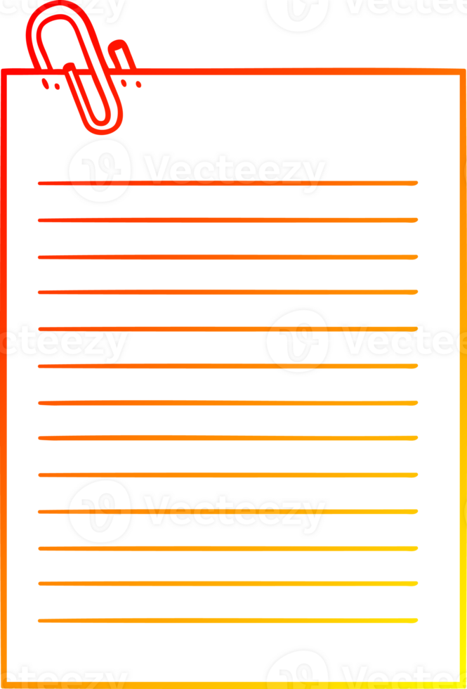 warm gradient line drawing of a cartoon lined paper with paperclip png