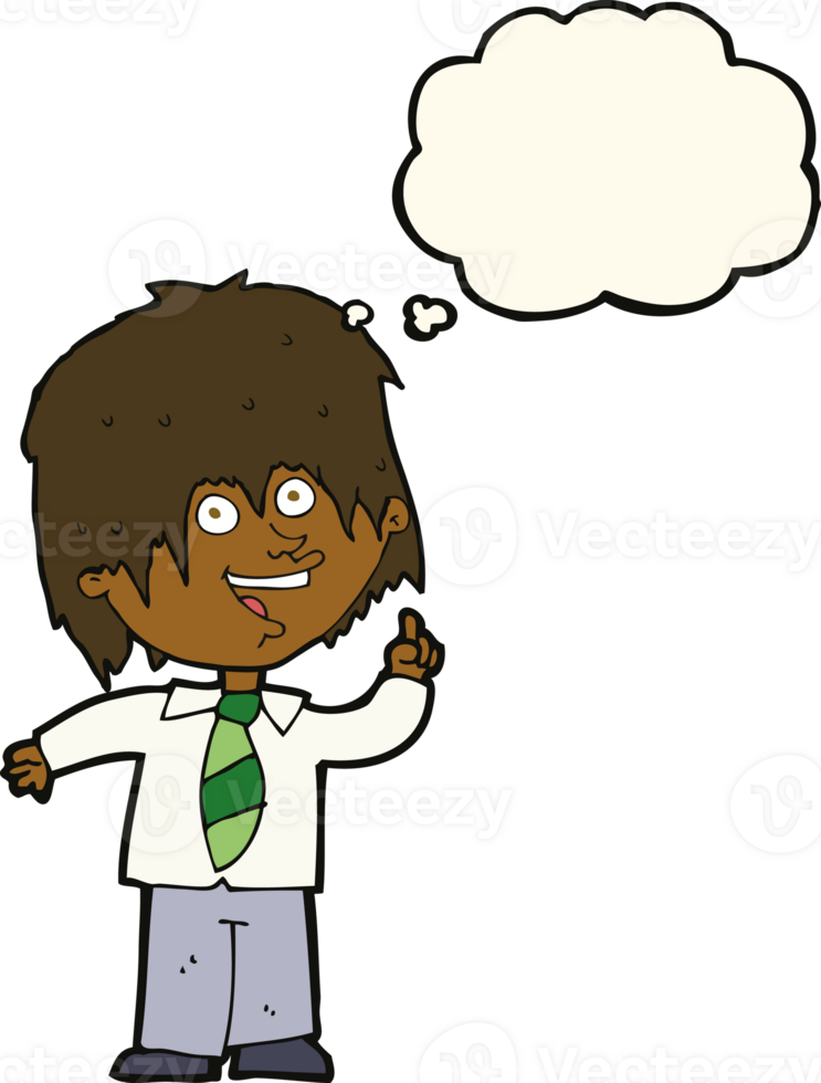 cartoon school boy with idea with thought bubble png