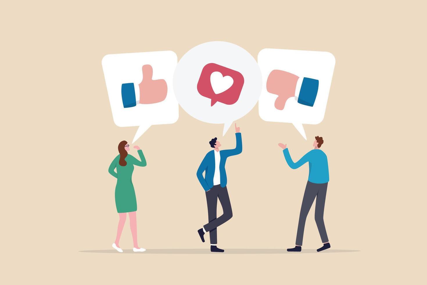 Social feedback, opinion or business advice, employee discussion, debate or customer comment, social media positive and negative feedback, people giving opinion with thumb up, thumb down feedback. vector