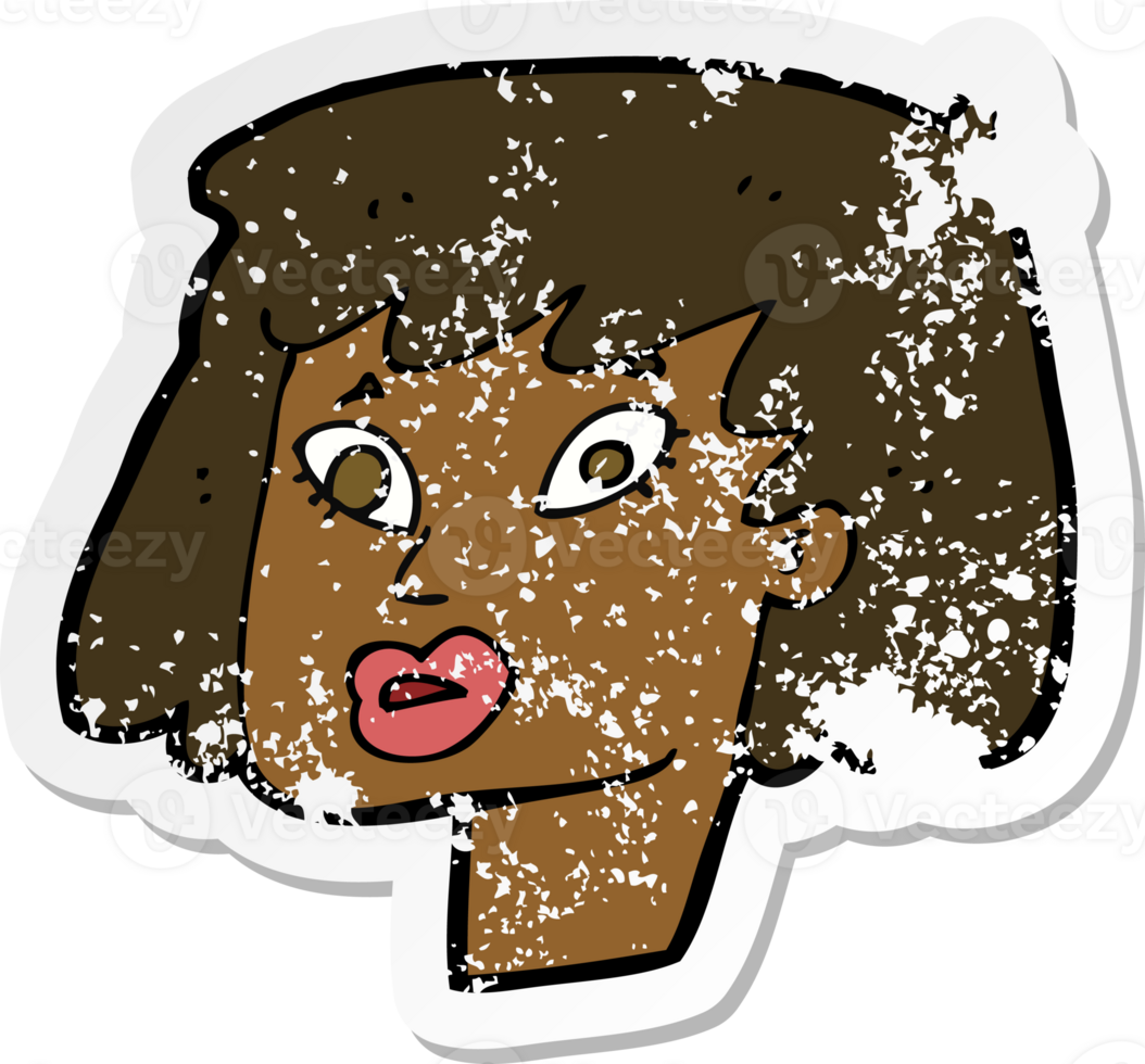 retro distressed sticker of a cartoon pretty female face png