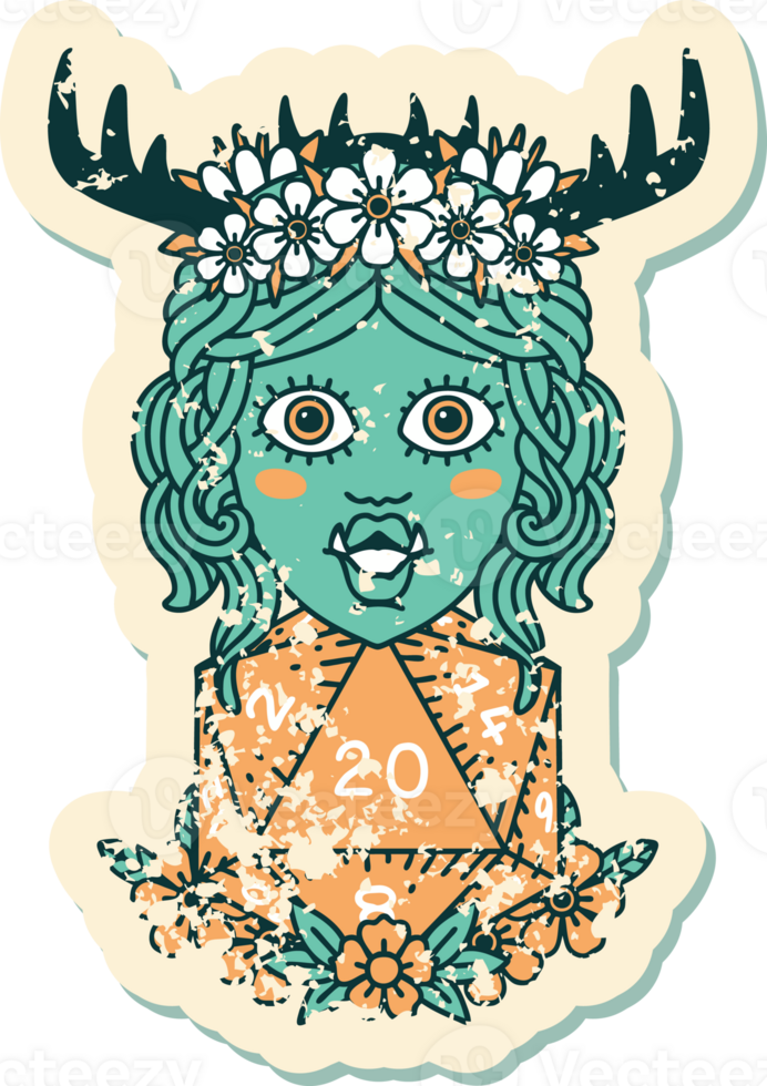 Retro Tattoo Style half orc druid with natural twenty dice roll png
