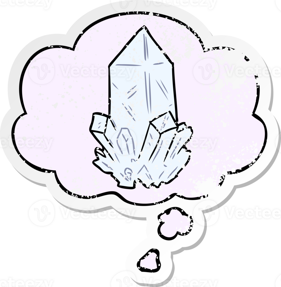 cartoon quartz crystal with thought bubble as a distressed worn sticker png
