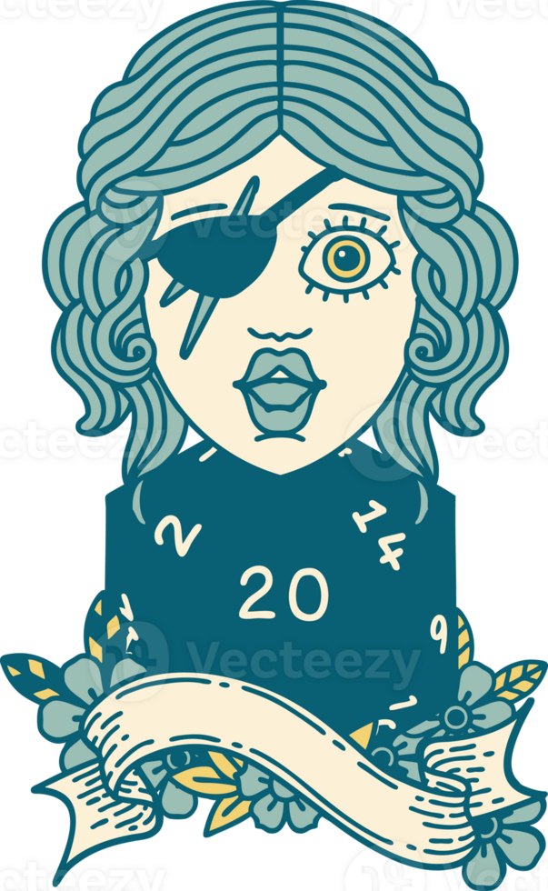 Retro Tattoo Style human rogue with natural twenty dice roll png