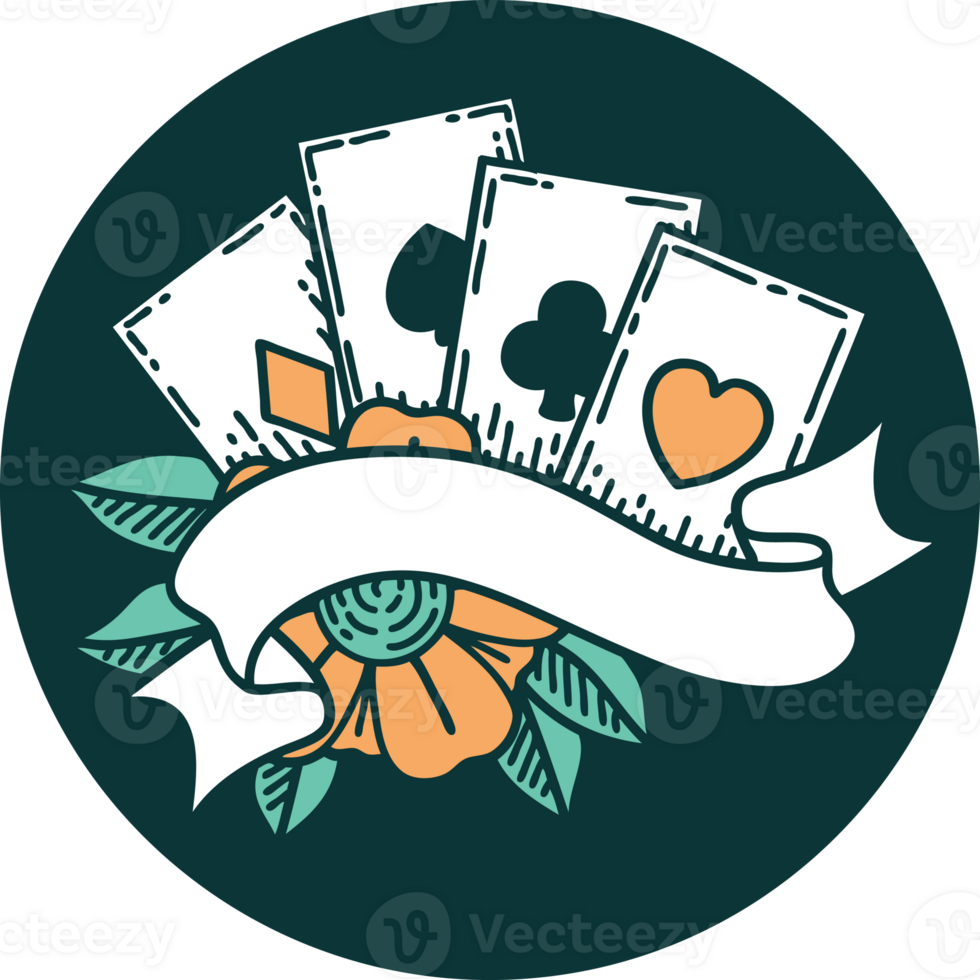 iconic tattoo style image of cards and banner png