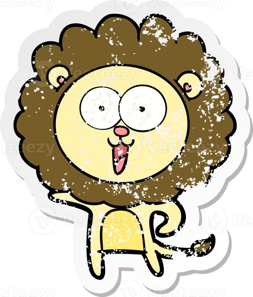 distressed sticker of a happy cartoon lion png