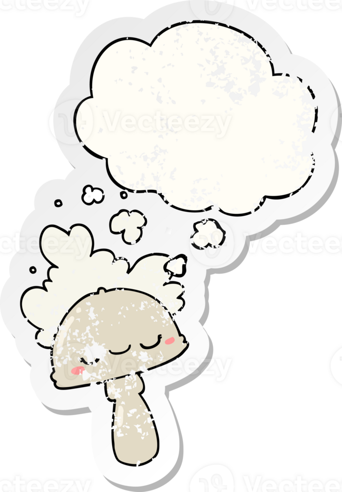cartoon mushroom with spoor cloud with thought bubble as a distressed worn sticker png
