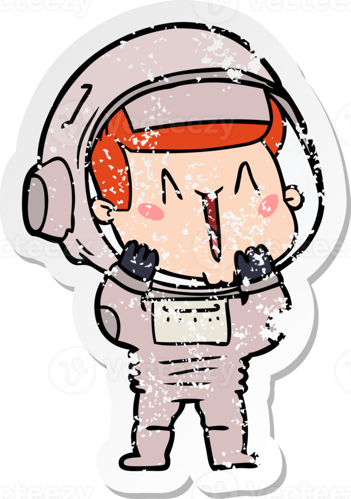 distressed sticker of a happy cartoon astronaut png