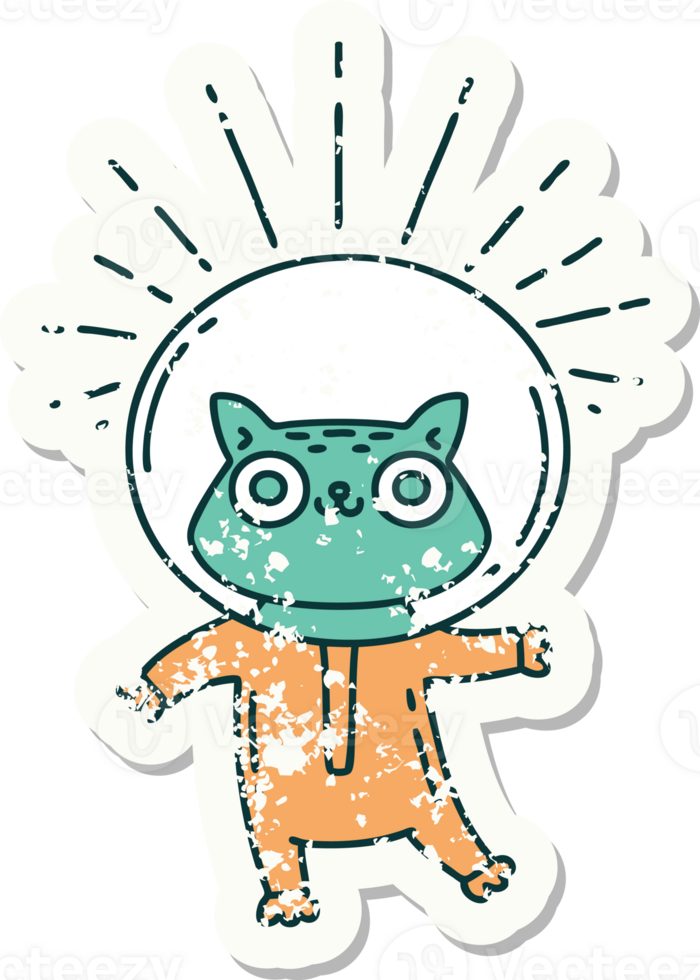 worn old sticker of a tattoo style cat in astronaut suit png