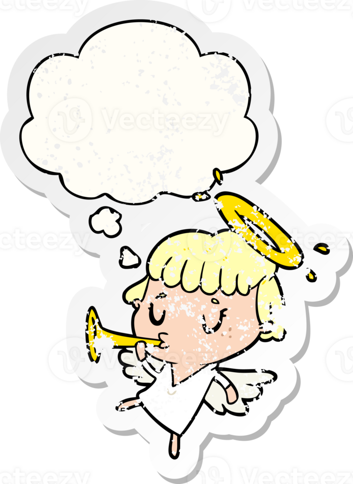 cartoon angel with thought bubble as a distressed worn sticker png