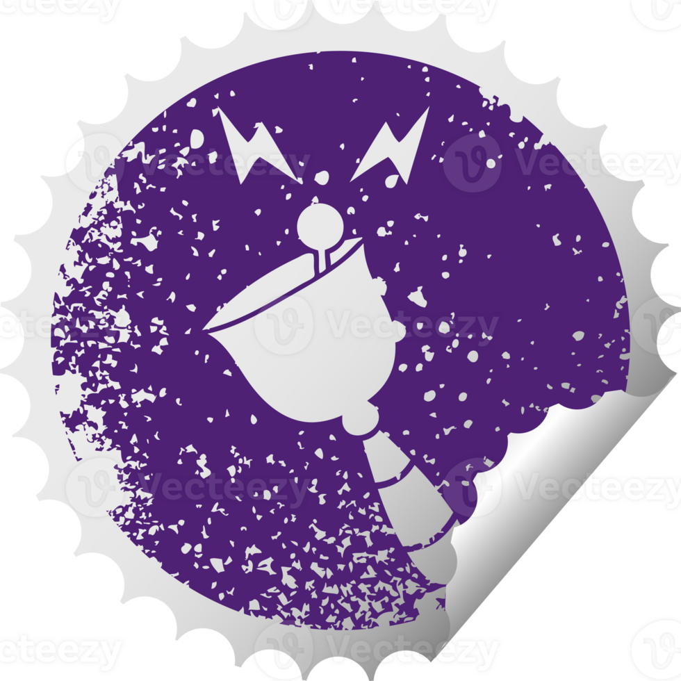 distressed circular peeling sticker symbol of a ringing hand bell png