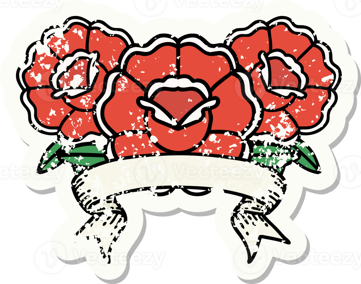 worn old sticker with banner of a bouquet of flowers png