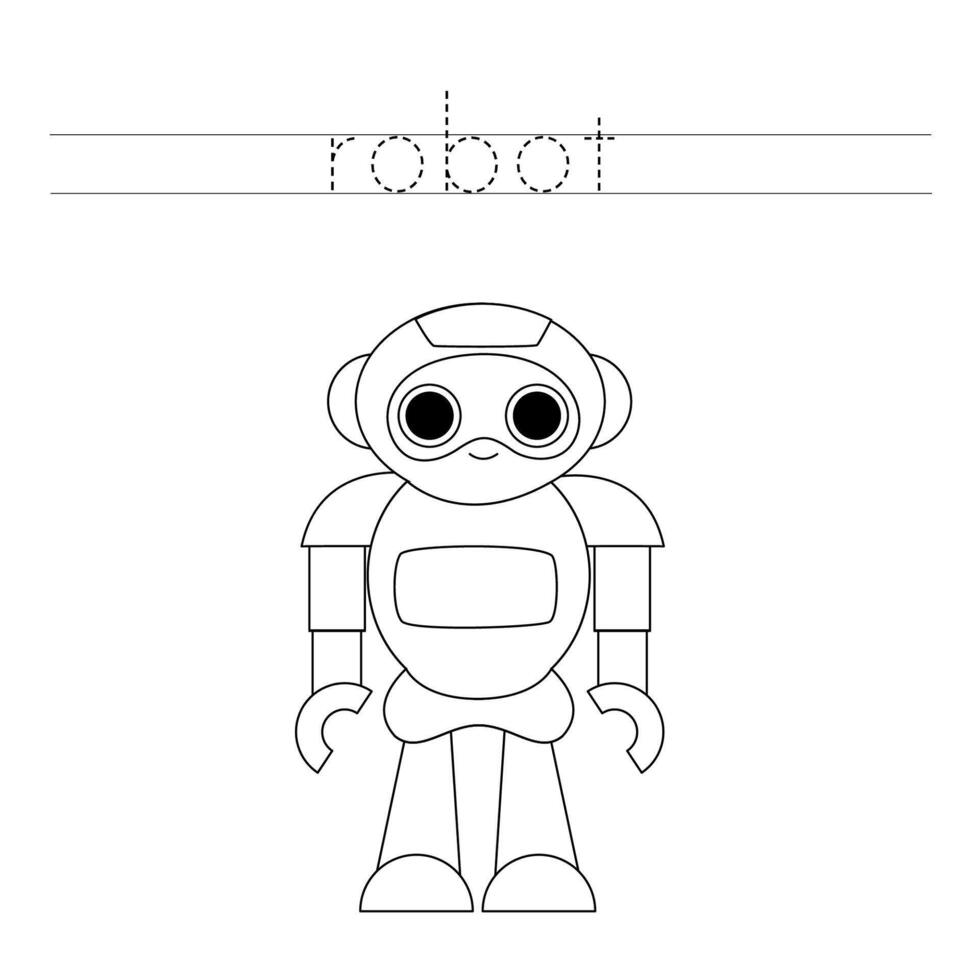 Trace the letters and color cartoon toy robot. Handwriting practice for kids. vector