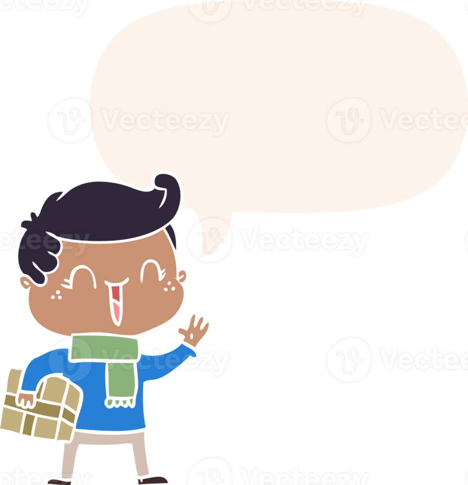 cartoon laughing boy with speech bubble in retro style png