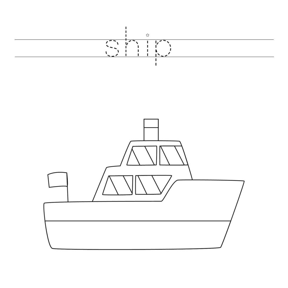 Trace the letters and color cartoon toy ship. Handwriting practice for kids. vector