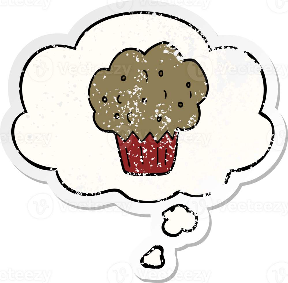 cartoon muffin with thought bubble as a distressed worn sticker png