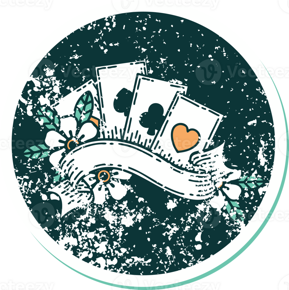 iconic distressed sticker tattoo style image of cards and banner png