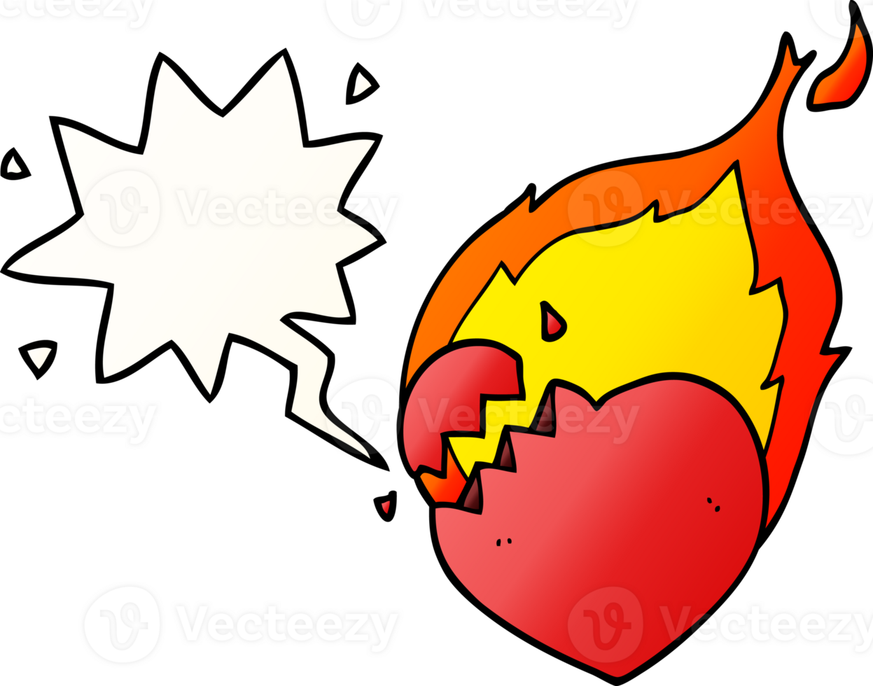 cartoon flaming heart with speech bubble in smooth gradient style png