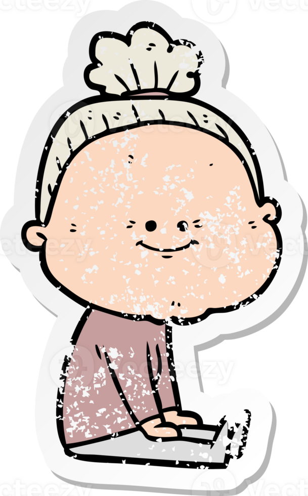 distressed sticker of a cartoon happy old woman png