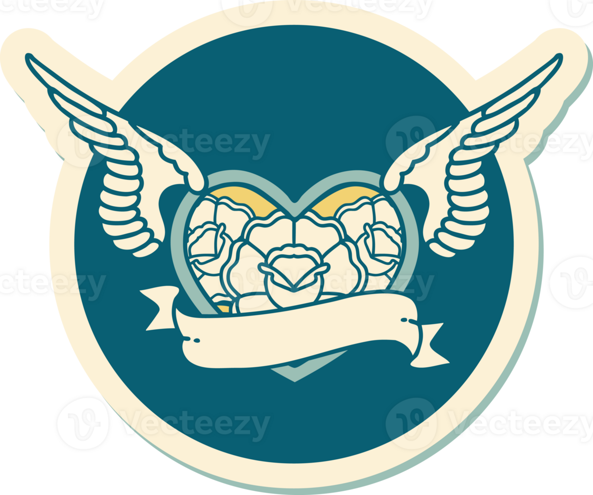 sticker of tattoo in traditional style of a flying heart with flowers and banner png