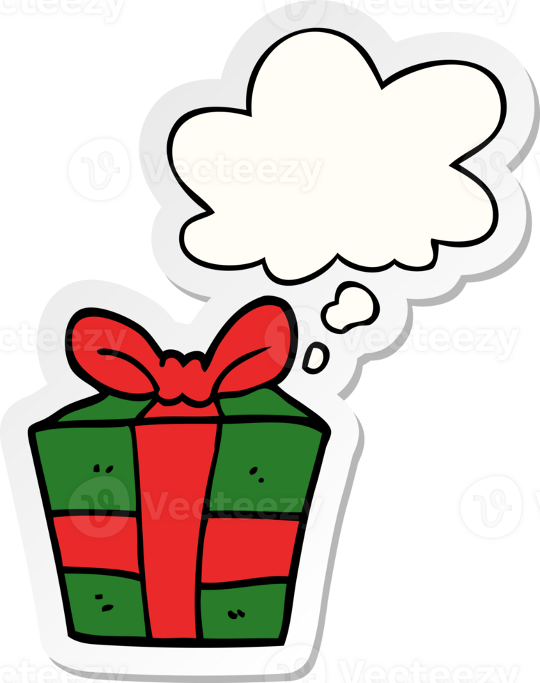 cartoon present with thought bubble as a printed sticker png