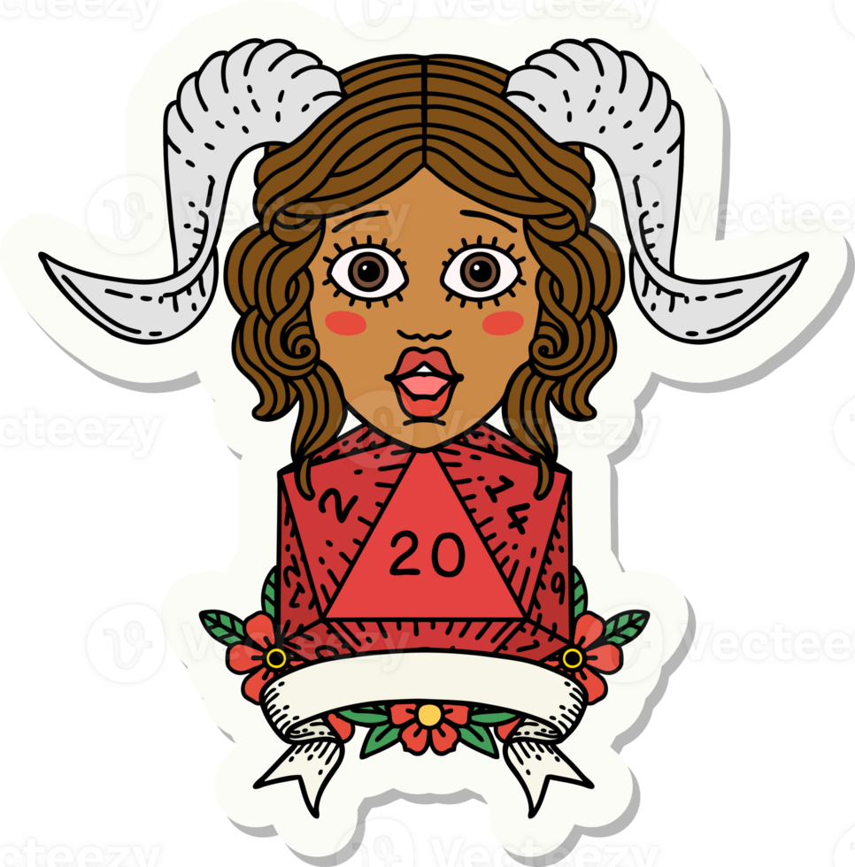 sticker of a tiefling with natural twenty dice roll png