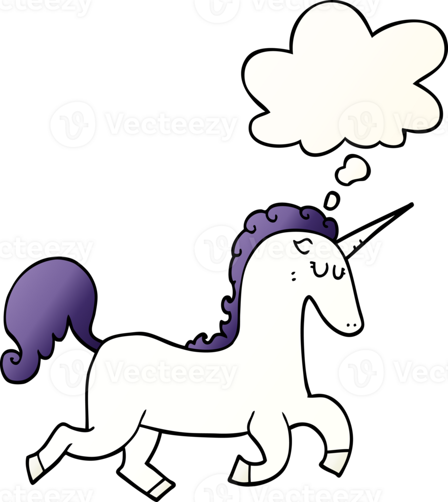 cartoon unicorn with thought bubble in smooth gradient style png