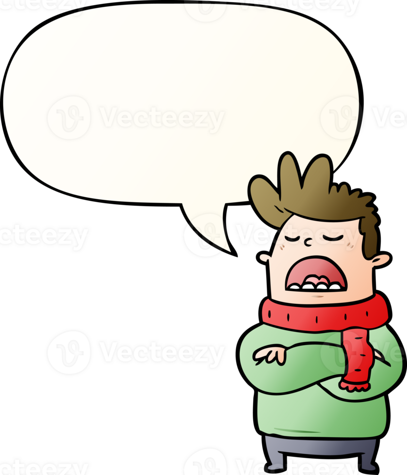 cartoon obnoxious man in winter clothes with speech bubble in smooth gradient style png