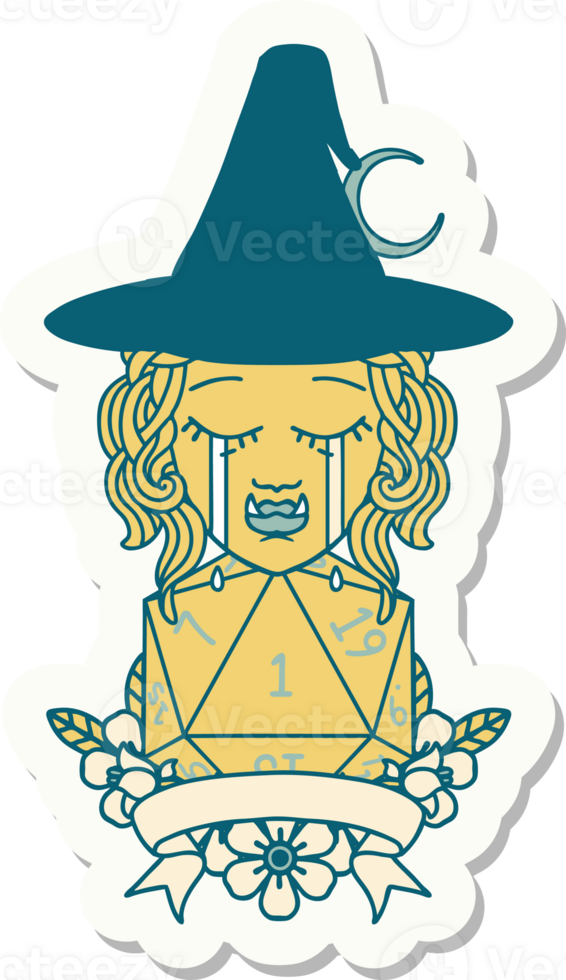 sticker of a crying half orc witch character with natural one roll png