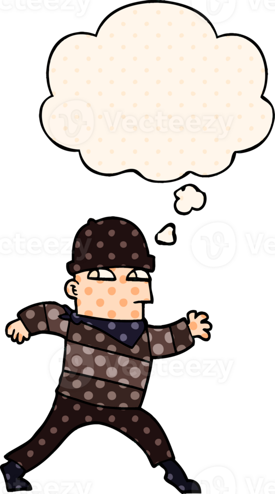 cartoon thief with thought bubble in comic book style png