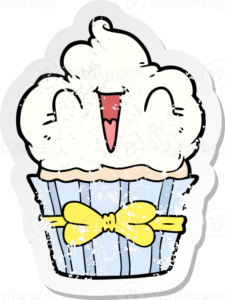 distressed sticker of a happy cartoon cupcake png
