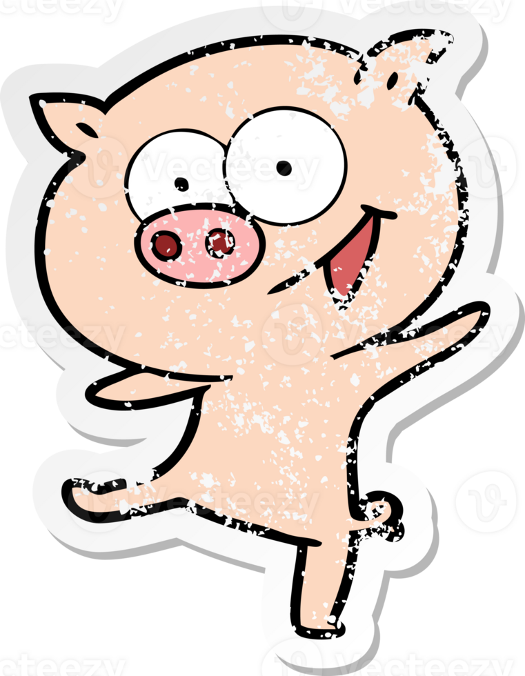 distressed sticker of a cheerful dancing pig cartoon png