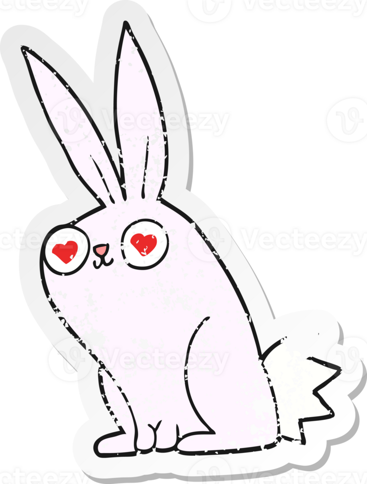 distressed sticker of a cartoon bunny rabbit in love png