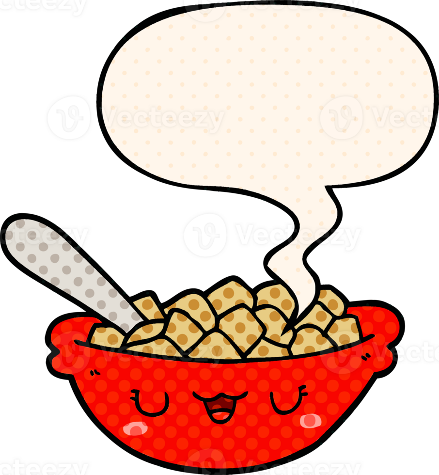 cute cartoon bowl of cereal with speech bubble in comic book style png