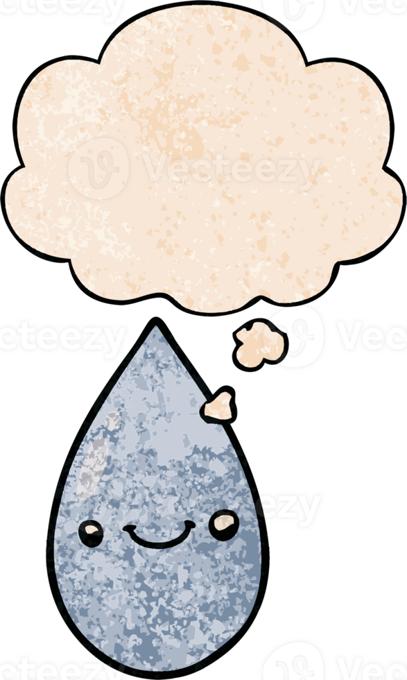 cartoon cute raindrop with thought bubble in grunge texture style png