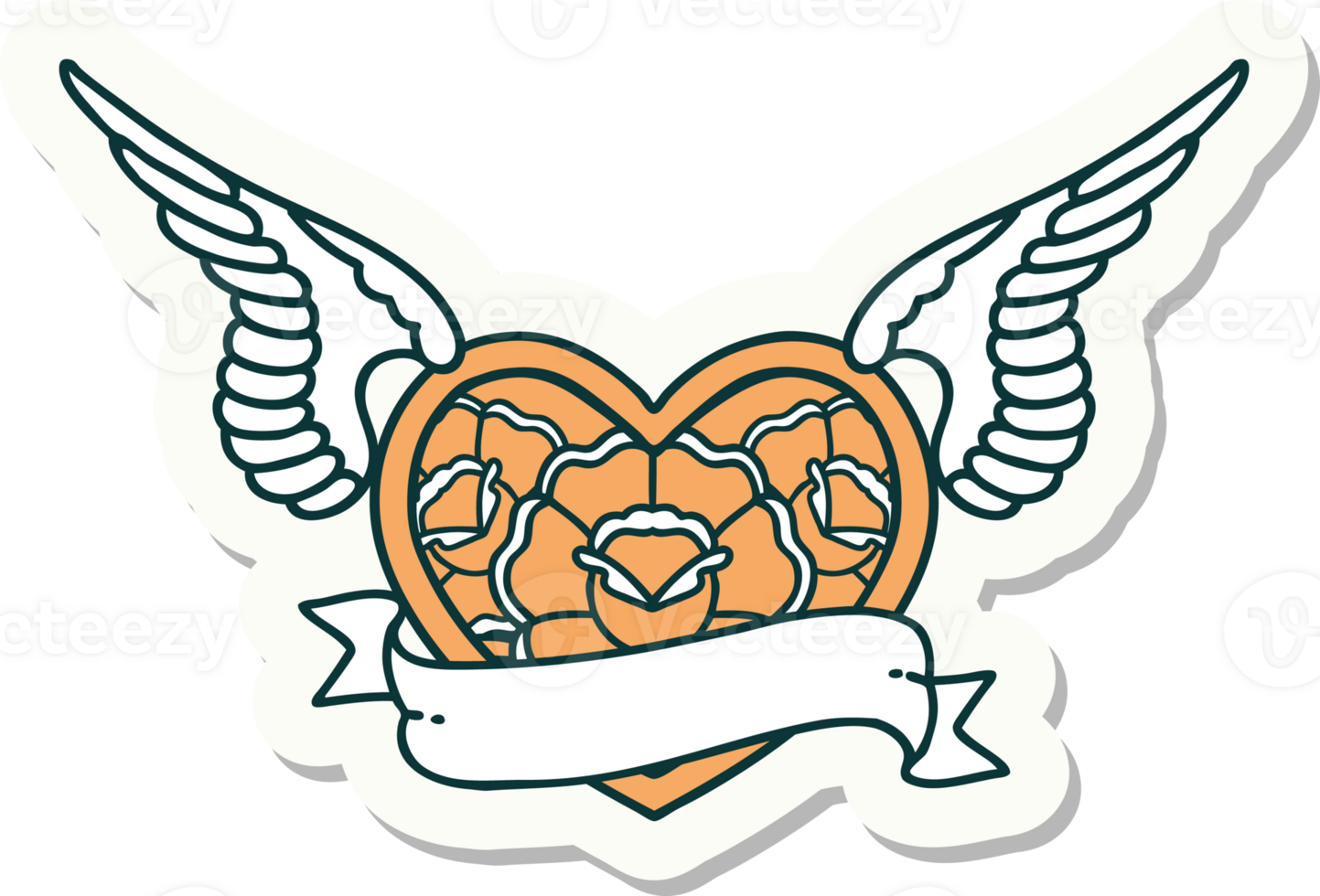 sticker of tattoo in traditional style of a flying heart with flowers and banner png