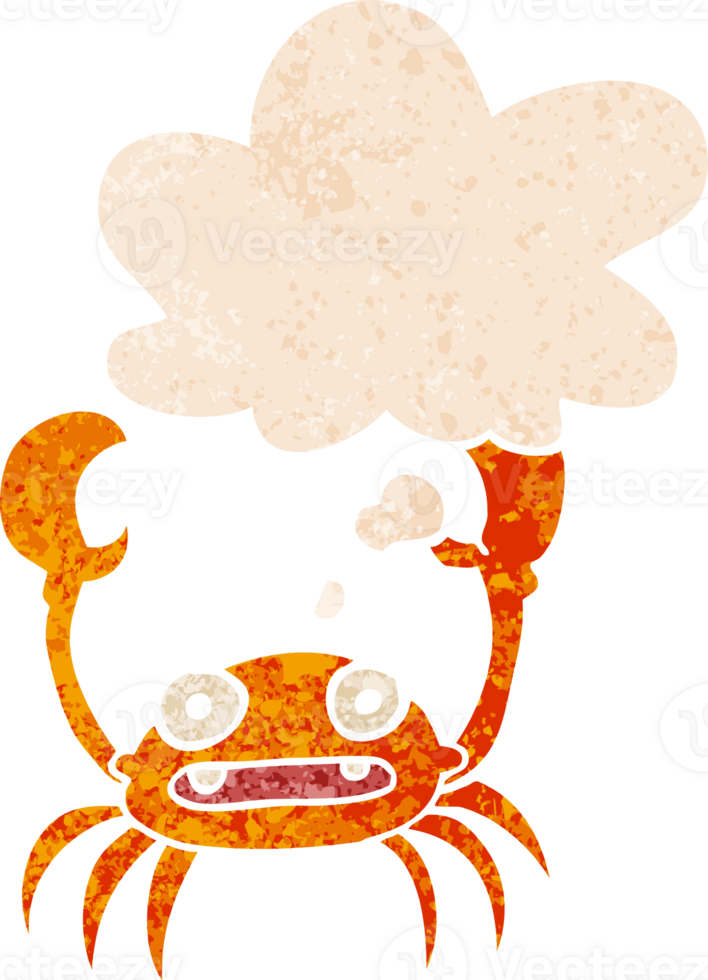 cartoon crab with thought bubble in grunge distressed retro textured style png