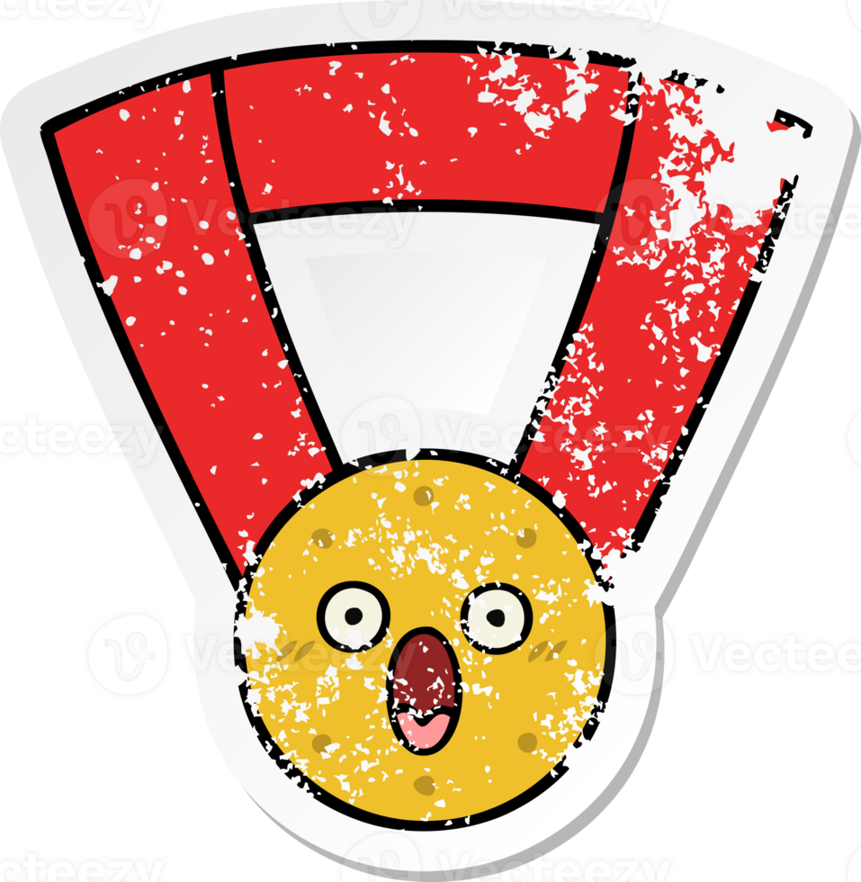 distressed sticker of a cute cartoon gold medal png